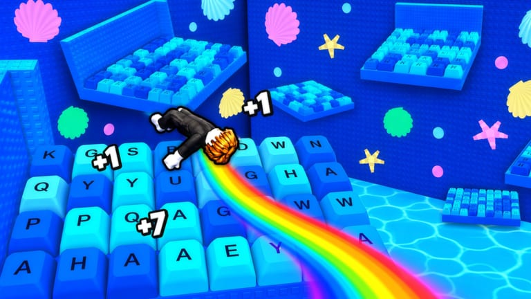 Roblox avatar surfing a rainbow trail across aqua keyboard keys in Speed Aqua Keyboard Escape
